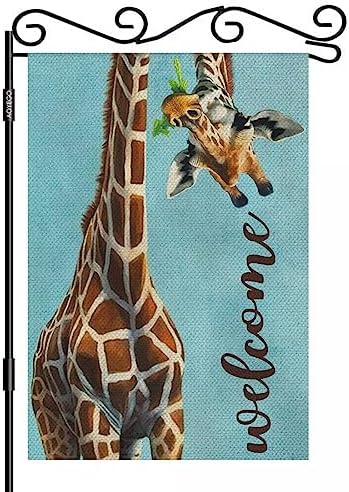 AOYEGO Funny Giraffe Welcome Burlap Garden Flag Double Sided Premium Fabric Wild Animal Watercolor Giraffe with Brow Outdoor Decoration Banner for Yard Lawn 12.5" x 18"