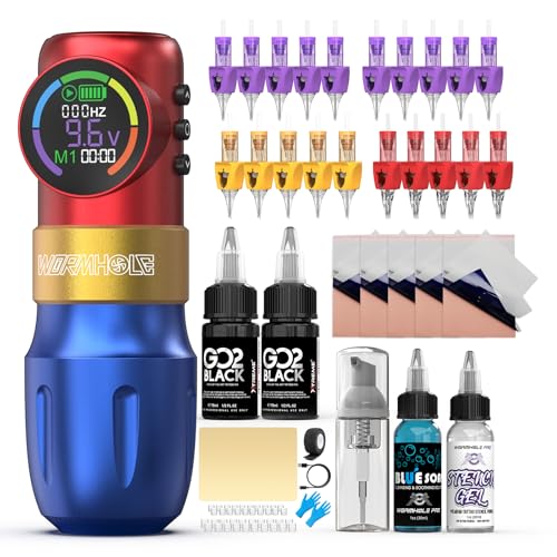 Wormhole Tattoo Gun Tattoo Kit Wireless Tattoo Machine – Digital LED Display, 1500mAh Battery, 3 Modes (Normal/Jump-Start/Dot Work), Includes 20Pcs Tattoo Needles, Tattoo Pen for Lining & Shading