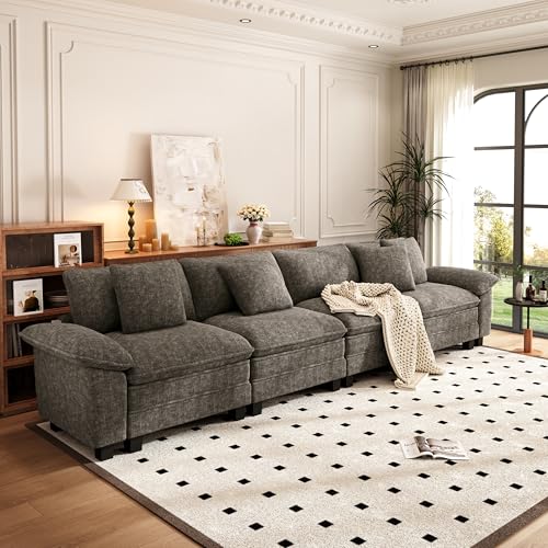 Image of PHI VILLA Cloud Modular Couches Sets, 157.5 inch Sectional Sofa with Upholstered Deep Seat, 4-Seater Long Couches for Living Room Apartment, Chenille Fabric, Smoky Grey