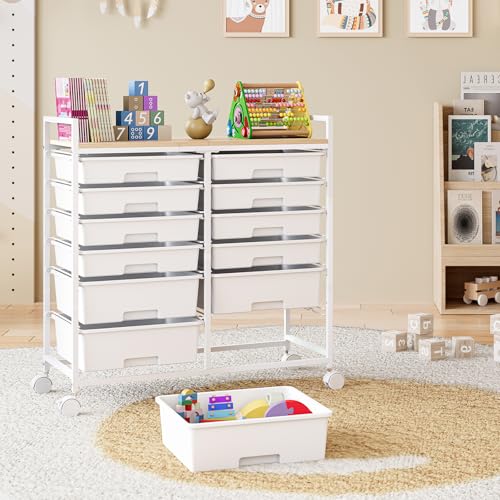 KINGRACK Rollcontainer mit 12 Schubladen und Holzarbeitsplatte, Schubladenschrank für Badezimmer, Küchen, Wohnzimmer und Büros (weiß)