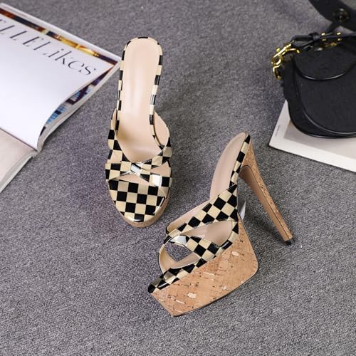 Image of Esvowido Heeled Mules for Women Cork Platform Stiletto Heels Slip on Open Toe High Heeled Sandals Crisscross Slippers Pumps Shoes