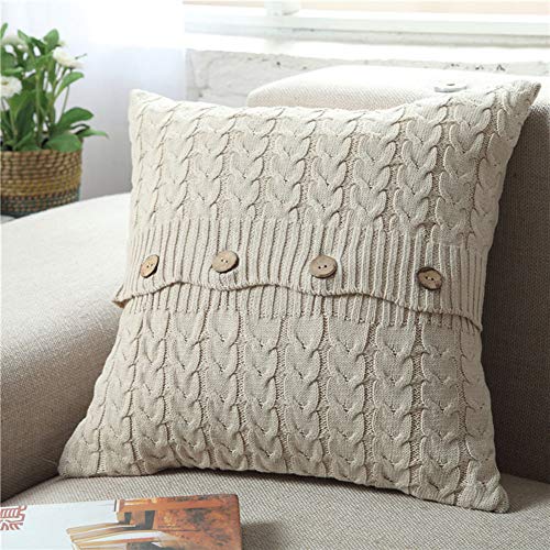 Cotton Cable Knit Pillow Cover Soft Warm Throw Pillow Case Cushion Cover Decorative Pillow Cover with Buttons (Beige, 18x18 inches)