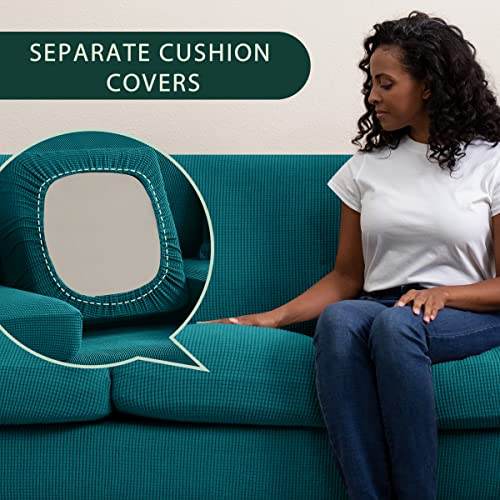 Chun Yi 4 Pieces Stretch Sofa Cover For 3 Seater Couch, Washable Soft Sofa Slipcover With 3 Separate Seat Cushion Covers For Dogs, Checks Spandex Jacquard Fabric, Large, Teal #TOP4
