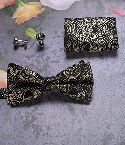 Image of DiBanGu Paisley Pre-Tied Bow Ties for Men Silk Adjustable Bowtie and Pocket Square Cufflinks for Wedding Party