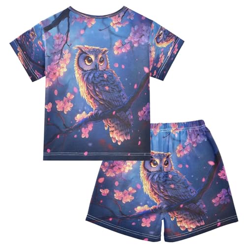 ALAZA Owl Bird Cherry Blossom Pajamas Set Short Sleeve Cotton Sleepwear Summer Pjs 2 Piece 5-14Y2