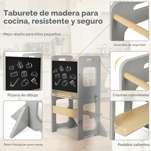 Miniatura 4 de Labebe Torre De Aprendizaje Para Niños, Montessori Torre De Aprendizaje Infantil Con Pizarra, Multifunción 3 En 1 Learning Tower Plegable, Torre De Aprendizaje A Partir De 1 Año Grau