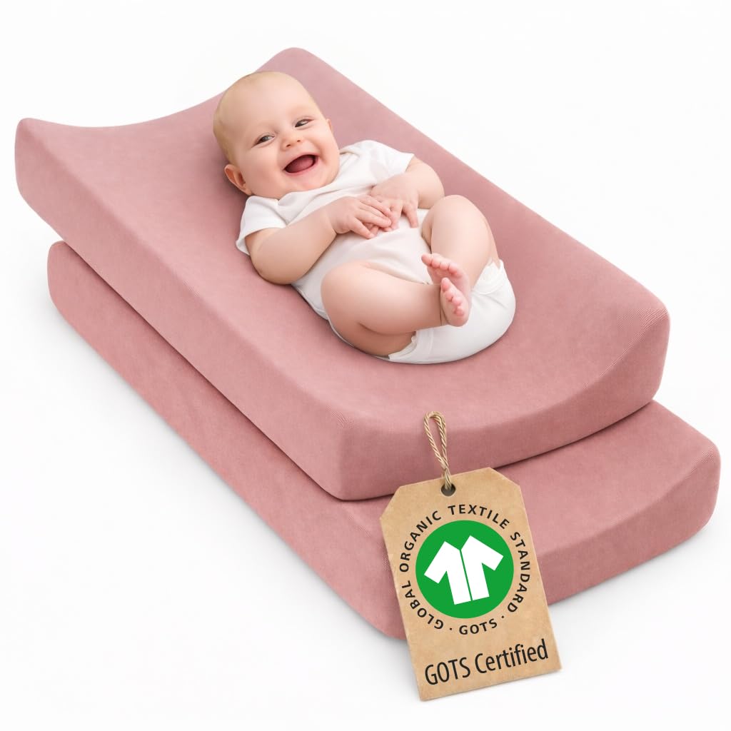 Plush Organic Changing Pad Covers Boy, Girl - GOTS 100% Certified Organic Cotton Changing Table Pad Cover, Baby Nursery Diaper Changing Pad Sheets,Table Contour Pads Liners (Dusty Rose + Dusty Rose)