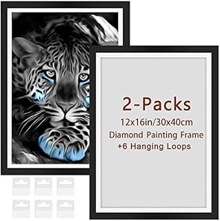 AIRDEA 2-Packs Magnetic Frame Diamond Painting Frames 12x16 in/ 30x40 cm DIY Diamond Painting Accessories Pictures/Photos Adhesive Back 5D Diamond Painting Art Frame with Hooks Wall Door Glass(Black)