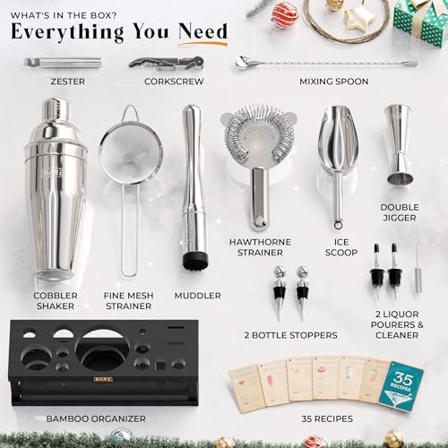 BARE BARREL® Mixology Bartender Kit Bar Set | 16-Piece Cocktail Shaker Set | Martini Barware Mixing Tools for Home Bartending | Incl. 35 Recipe Cards | Gift Set (24oz Cobbler Shaker, Silver/Black)