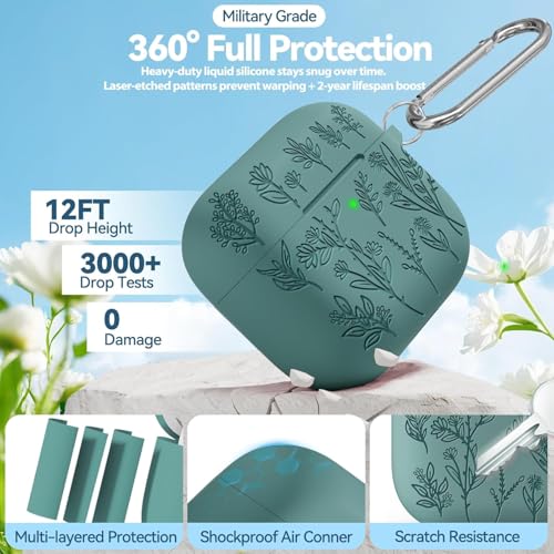 Image of Meyaar Silicone Case for AirPods 4 Floral Embossed, Flower Engraved Soft Silicone Cover with Keychain, Anti-Scratch, Shockproof Protective Case Cover (Pine Green, for AirPods 4 (2024)
