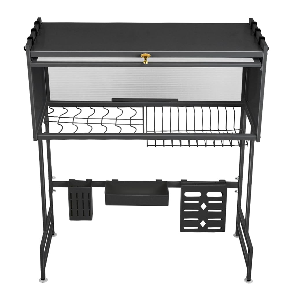Escurreplatos sobre Fregadero de 2 Niveles, Escurridor de Platos de Acero al Carbono, Dish Drying Rack con Porta Cubiertos, Bandeja de Drenaje Automático y Diseño Ahorra Espacio(65cm Negro)