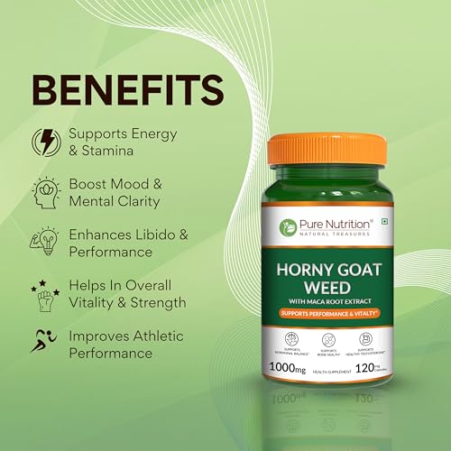 Image of Pure Nutrition Horny Goat Weed with Maca Root Extract 1000mg | Horny Goat Weed for Men Capsule Supports Energy, Stamina, Bone & Hormonal Health - 120 Veg Capsules