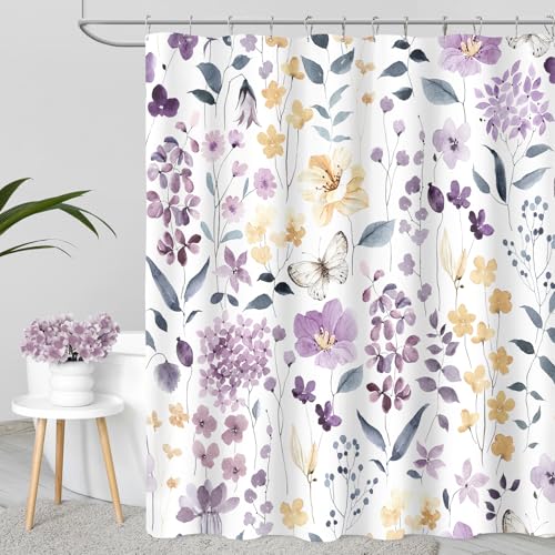 MAYZUS Purple Lavender Cute Floral Shower Curtain Spring Summer Flower Fabric Shower Curtains for Bathroom Watercolor Wildflower Butterfly Cloth Shower Curtain Set with Hooks 72x72