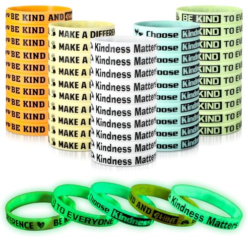 PullCrease 50 Pcs Be Kind Glow in The Dark Wristband Colored Motivational Bracelets Bulk Kindness Matters Silicone Wristbands for Back to School