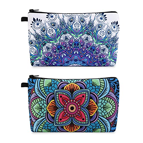 Image of MAGEFY Makeup Bag, 2 Styles Travel Cosmetic Bag for Women Cosmetic pouch Elegant Blue Patterns Zipper Pouch Waterproof Makeup Pouch Cute (2 Packs, Peacock feather + Mandala pattern 0179)