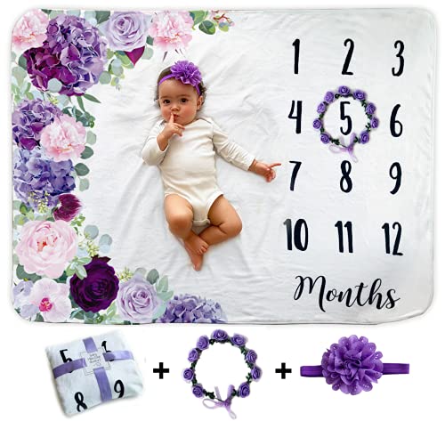 Image of Baby Monthly Milestone Blanket | Includes Floral Wreath & Headband | 1 to 12 Months | Extra Soft Fleece | Best Photography Backdrop Photo Prop for Newborn | Baby Girl