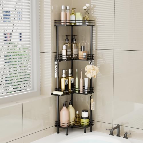 Image of Consumest Corner Shower Caddy Standing - 4-Tier Stainless Steel Shower Organizer with Soap Holder and 4 Hooks, Large Capacity Corner Shelf Stand for Bathroom, Rest Room, Black