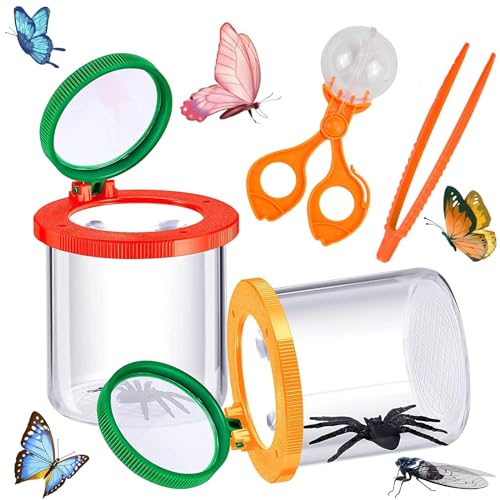 2 Stück Lupenglas Für Kinder mit Pinzette und Insektenfänger Becherlupe Set Becherlupen Für Kinder Lupenglas Lupenbecher Lupendose Zur Beobachtung Von Insekten Oder Blättern(Rot Gelb)