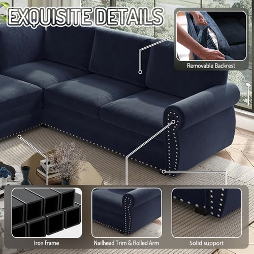 Image of KEIKI 118 inch Chesterfield Sleeper Sofa, Chenille Sectional Couch, Blue | L Shaped, Pull Out Bed Design, Nailhead Trim Detail, Rolled Armrest, 6 Seat Seating, Living Room Guest Room Use
