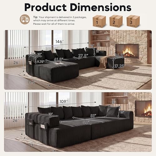 Image of Oversized Cloud Boneless Couch with Chaise, 146 inch Modern U Shape Modular Deep Seat Sectional Sofa, Comfy Corduroy Upholstered Couches for Living Room, No Assembly Required-Black