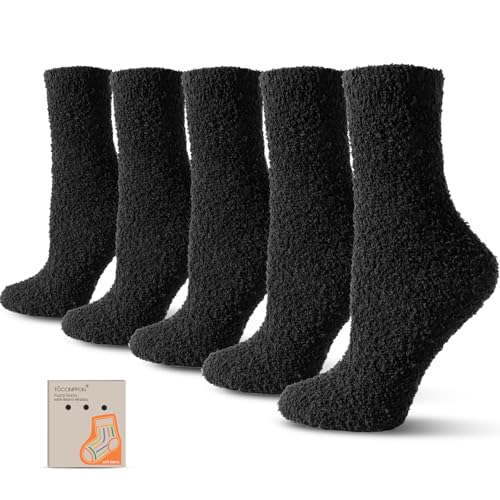 TOCONFFON Womens Fuzzy Socks Cozy Fluffy Socks Hospital Home Sleep Slipper Socks Warm Cozy Gifts Ideas for Mom 5 Pairs(5 Black)