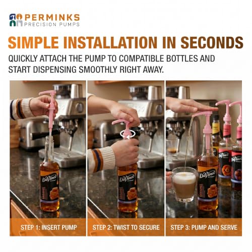 Image of Syrup Pump, Compatible with 750ml Torani, Davinci & Skinny, 2-Pack, Pink | Leak-free, 1 /4oz precision pump with locking nozzle. Great for coffee bar accessories, dirty soda stations & dessert sauces