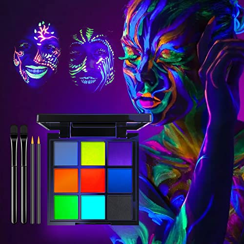 Face Body Paint 9 Color Palette, Neon UV Glow Painting Kit, Water Based Face & Body Black Light Makeup Palette, Halloween, Cosplay, Rave Accessory, Special Effects (Color A)