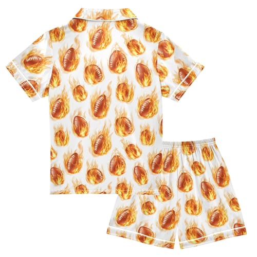 Rugby Fire Cartoon Pattern Summer Satin Pajama Set, Cute Button-Down Sleepwear Pj Set for Sleep Wears2