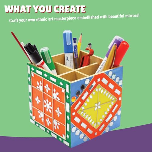 Image of Kalakaram Lippan Art & Craft Kit - DIY Painting Activity for Kids & Adults | Make Your Own Decorative Pen Stand with Pre-Marked Base | Traditional Mirror Art | Folk Art Home Decor Kit