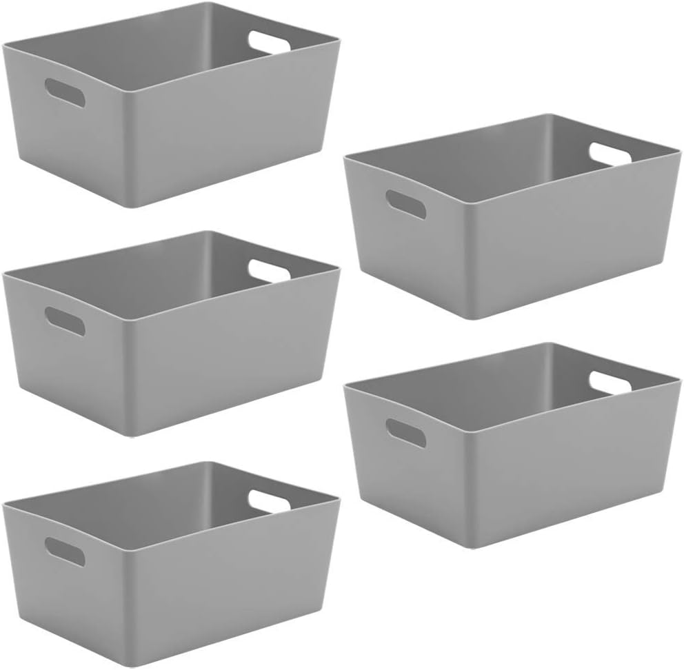 Wham Studio 5 x 11.5L Rectangular Plastic Storage Baskets | Ideal for Kitchens, Bathrooms, Stationery & More | Easy Access Integrated Handles | Made in the UK - Cool Grey