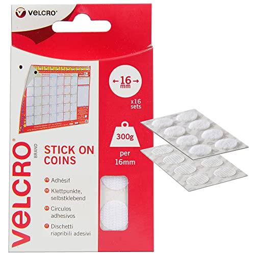 VELCRO Brand Stick On Coins Double Sided Hook & Loop Self Adhesive Sticky Coins Perfect for Room Décor & Home Office Garage Use White 16mm x 16mm Set of 16