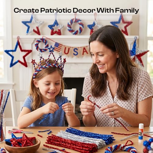 Image of Caydo 200 PCS Independence Day Pipe Cleaners for Patriotic Party Decoration, Red Royal Blue Silver Glitter Chenille Stems Bulk for 4th of July DIY Arts Crafts & Home Decorations