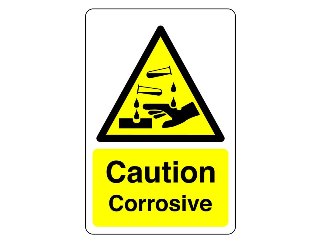 Safety First Display Ltd Yellow/Black Caution Corrosive Sign - High Tack Self-Adhesive Sticker (150Mm X 100Mm) Viewing Distance Within 3M.