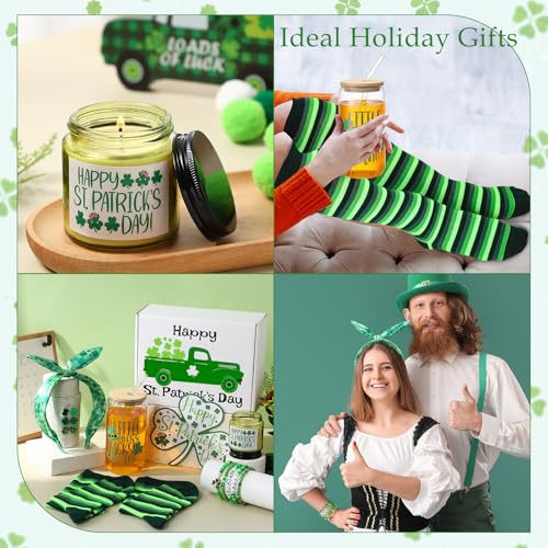 Daifunli 8 Pcs St. Patrick's Day Gifts Set for Women Happy Irish Gift Basket Includes 17oz Coffee Glass with Lid Straw Scented Candle Bracelet Hairband Socks Earrings Gift Card Gift Box