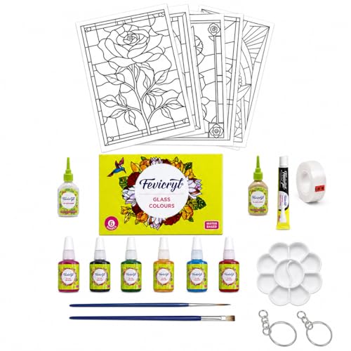 Image of THE BROWN BOX-DIY Glass Painting Kit with 6 Colours, Gold & Silver Liner | 8 Acrylic Sheets, 10 Tracing Designs & Mobile Cover Insert | Wall Decor, Keychains & Bookmark | Premium Art & Craft Kit for Adults, Beginners & Kids