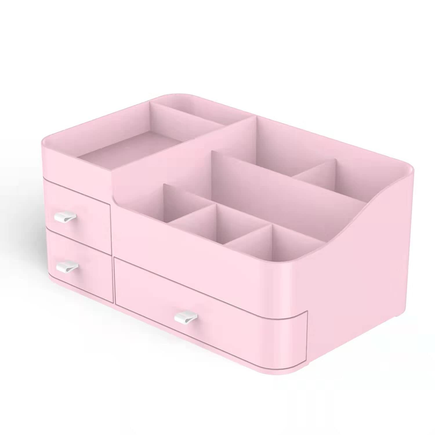 Makeup Organizer for Vanity, Cosmetic Storage Box with Drawer, Nail Care Essentials, Elegant Vanity Holder for Lipstick, Brushes, Lotions, Perfumes, Bathroom Organizer Countertop (pink)