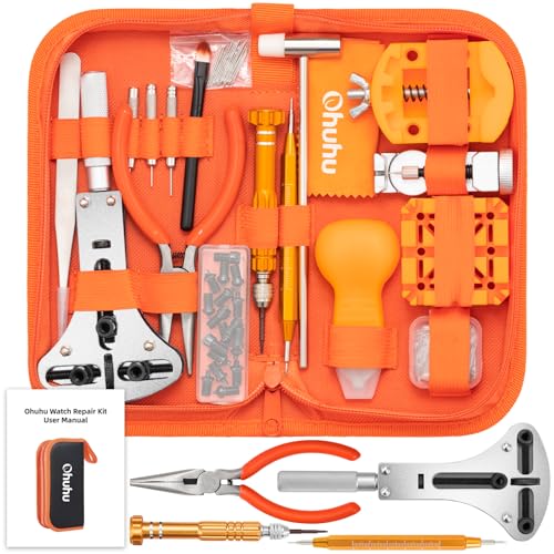 Ohuhu Watch Tool Kit, 213 PCS Upgraded Heavy Duty Watch Repair Kit Battery Replacement Link Removal Band Tool Kits Professional Watch Back Case Opener Removal Tools with PU Leather Bag User Manual