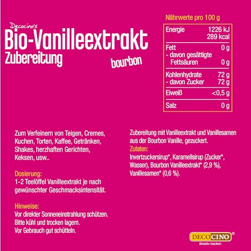 DECOCINO Bio Vanille-Extrakt (20 ml) natürlicher Vanille Geschmack ohne Alkohol, aus echter, veganer Bourbon Vanille –zum Würzen & Verfeinern von Kuchen, Torten & Getränken