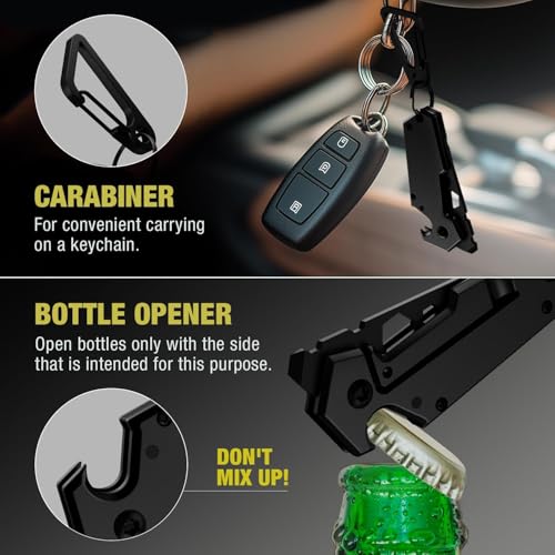 Image of Mini Keychain Knife with Carabiner - 1.3 inch Tanto Serrated Blade - 6 in 1 Black Multitool - Bottle Opener Box Cutter Liner Lock - EDC Gadgets - Legal Folding Small Pocket Knives for Men Women 2248 MB