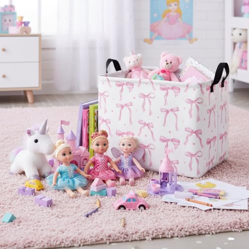 Image of Rectangular Baby Kids Storage Basket for Home Kitchen Girls Cute Toy Storage Bin Organizer Shelf Book Room Decor(Dot Bowknot)