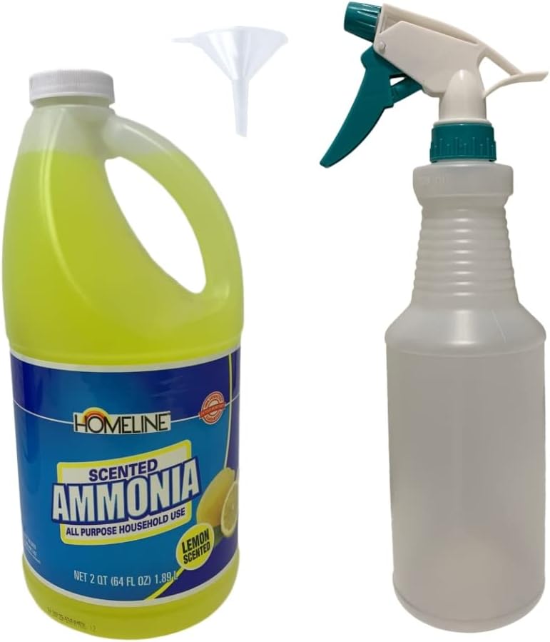 Homeline Ammonia Bundle with Shopex Spray Bottle and Funnel Adjustable Spray Nozzle and Dilution Scale All Purpose Household Cleaner Lemon Scented 64 Ounce