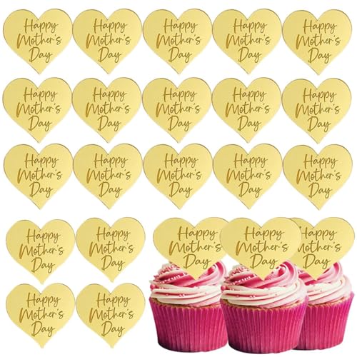 Decoración para cupcakes con texto en inglés 'Happy Mother's Day', 25 piezas de disco de espejo acrílico dorado en forma de corazón grabadas para tartas, decoraciones para cupcakes para el día de la