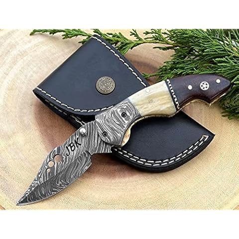 WINTERFELL Personalized Damascus Steel Folding Knife with Camel Bone and Rose Wood Handle - 7.5 inches Custom Pocket Knife With Leather Sheath- Perfect Engraved Anniversary or Father's Day Gift Cover