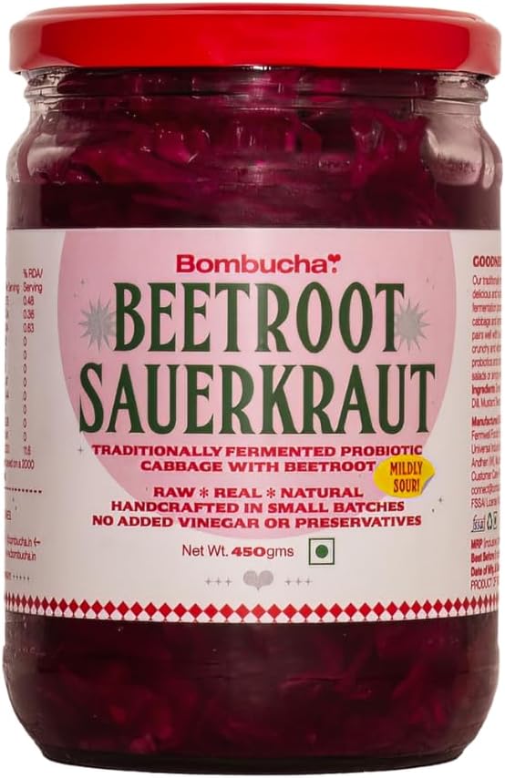 Bombucha Fermented Cabbage Sauerkraut 450Gm (Beetroot & Cabbage)|Beetroot Sauerkraut|100% Veg|Traditionally & Naturally Fermented|Raw & Unpasturized|No Preservative|No Vinegar|Healthy Food