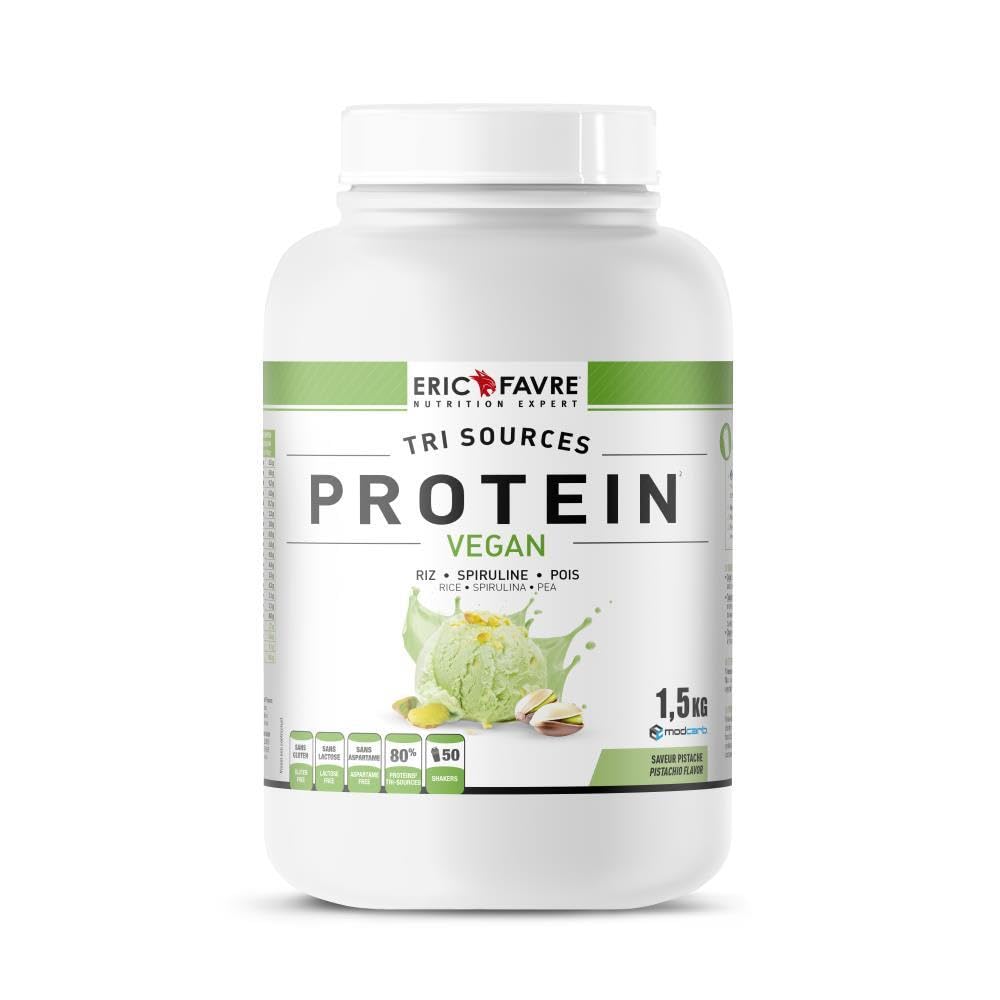 PROTEINES VEGAN TRI-SOURCE - Protéines Végétales Vegan Savoureuses Pour le Développement Musculaire - Riz Spiruline Pois - Assimilable Rapidement - 1,5kg - Saveur Pistache - Eric Favre