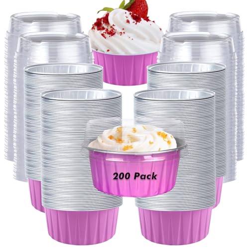 WYIPOLZI 200pcs Pink 5oz Aluminum Foil Baking Cups with Lids, 5oz Round Cupcake Liners, Disposable Tart Pie Tin Pan Holders for Christmas Party, Muffins, Pudding, Flan, Party, Wedding, Easter Desserts