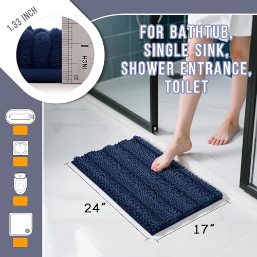 Image of Yimobra Bathroom Rug Mat 24 x 17, Non Slip and Super Absorbent Bath Mat,Machine Washable Quick Dry,Ultra Plush Chenille Shower Rugs for Bathroom Floor Sink Tub and Shower Outside,Navy Blue