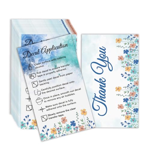 PLIGREAT 60 Pcs Decal Application Instructions Card Blue Flowers How to Apply Decal Card for Universal Mobile Phone Electronic Product Lamination Bussiness Insert Cards Small Shop Thank You Cards