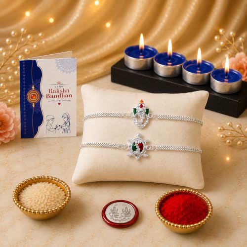 Image of Oblivion Multicolour Rakhi Set of 2 with 4 Unscented Candles, Silver Colour Coin and Greeting Card for Raksha Bandhan