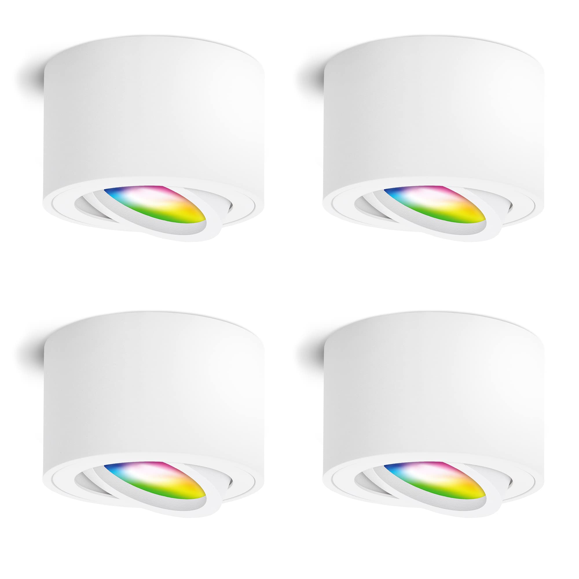 linovum SMOL Aufbauspot 4er Set weiß flach schwenkbar Smart LED WLAN RGBW | Vier smarte Deckenspots weiß - nur 50mm hoch, schwenkbar, per App & Alexa steuerbar, RGB-Farblicht, fürs Wohnzimmer, ohne Hub